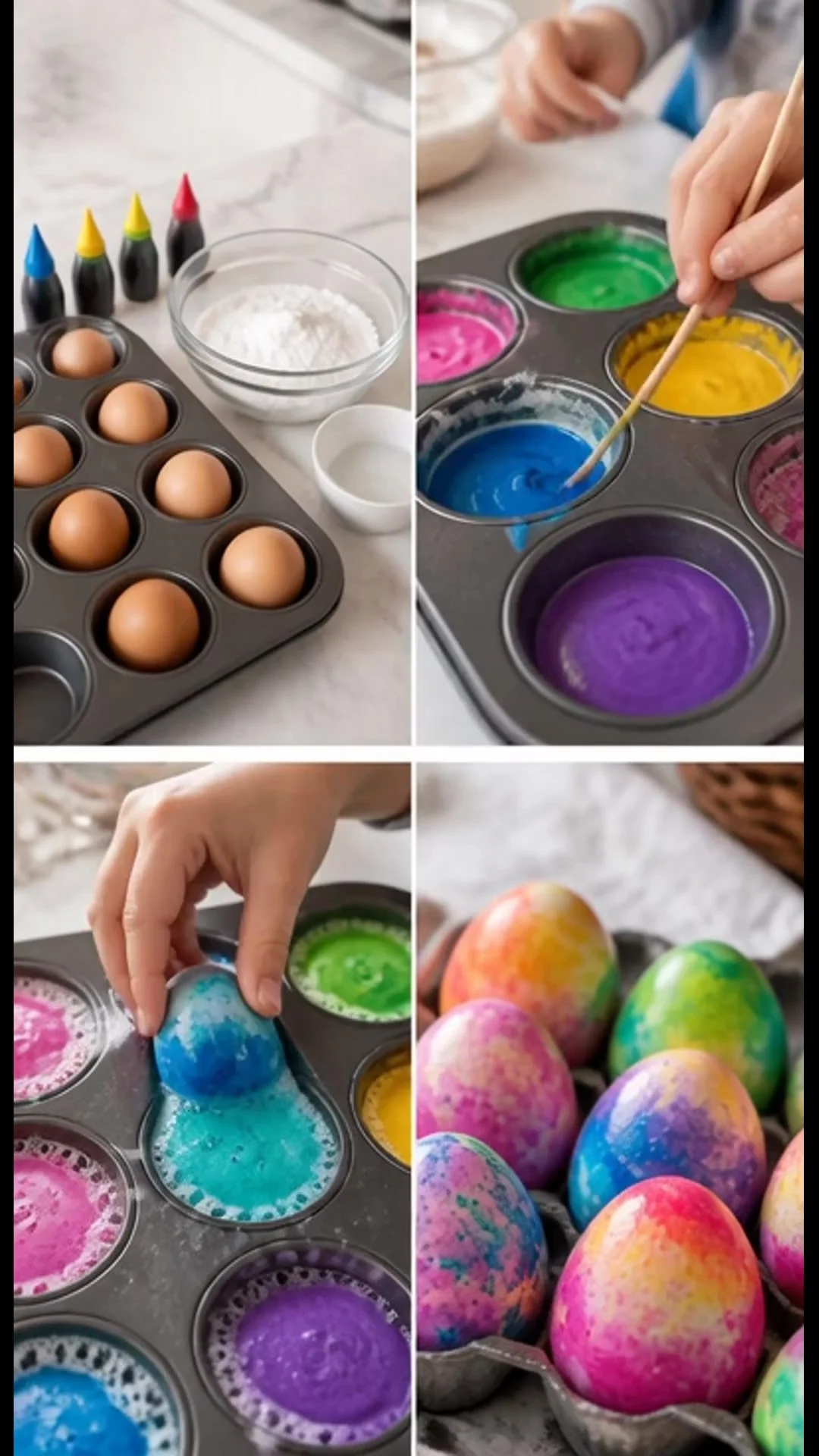 Huevos de Pascua pintados con bicarbonato de sodio estallan en colores vibrantes y diversión científica efervescente. Un DIY creativo de temporada. ¡Guarda este proyecto! #ArtesaníaDePascua #Cienci...