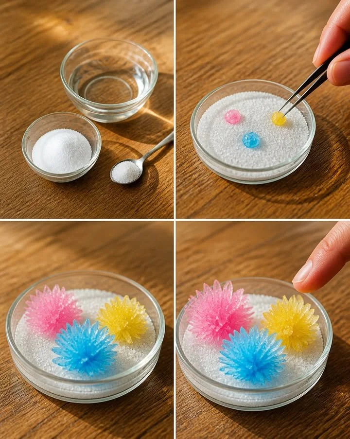 Jardín de cristal en 30 minutos que crece formaciones de cristal brillantes que parecen flores mágicas en flor ✨ ¡Guarda este proyecto! #CrecimientoDeCristales #CienciaParaNiños #DiversiónSTEM #E...