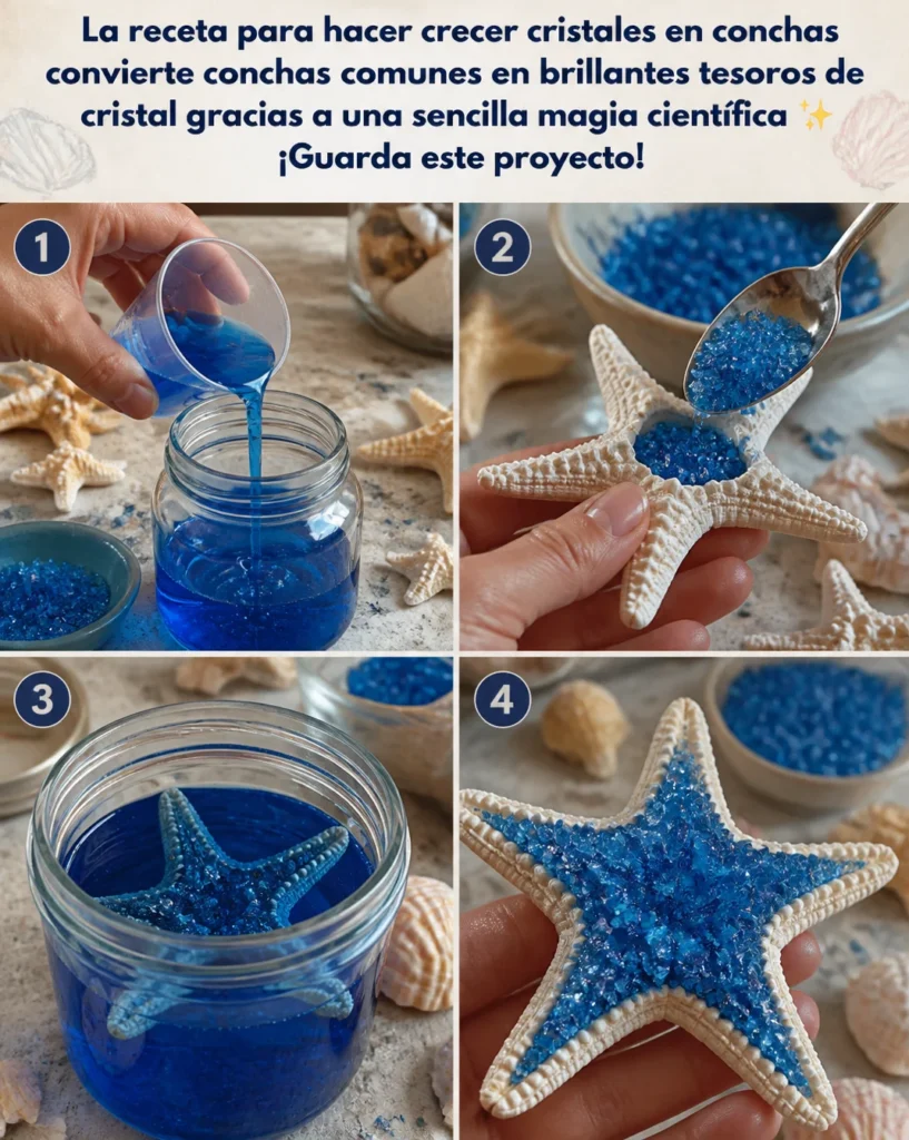 Cristales en conchas brillantes creados por un experimento científico sencillo.