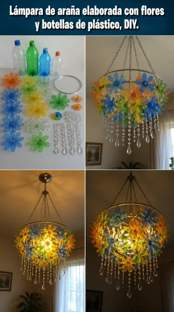 Lámpara de araña hecha de flores y botellas de plástico, un proyecto DIY creativo.