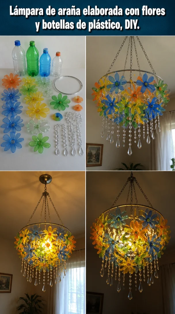 Lámpara de araña elaborada con flores y botellas de plástico, DIY.