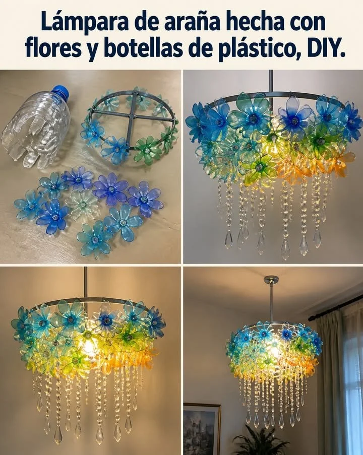 Lámpara de araña elaborada con flores y botellas de plástico, DIY.