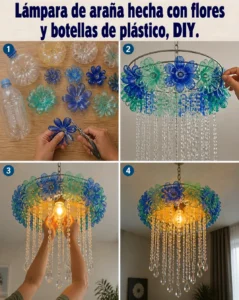 Lámpara de araña hecha con flores y botellas de plástico,…