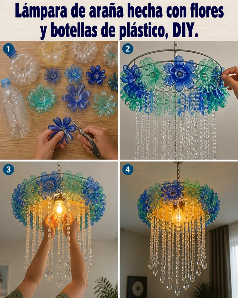 Lámpara de araña DIY hecha con flores y botellas de plástico