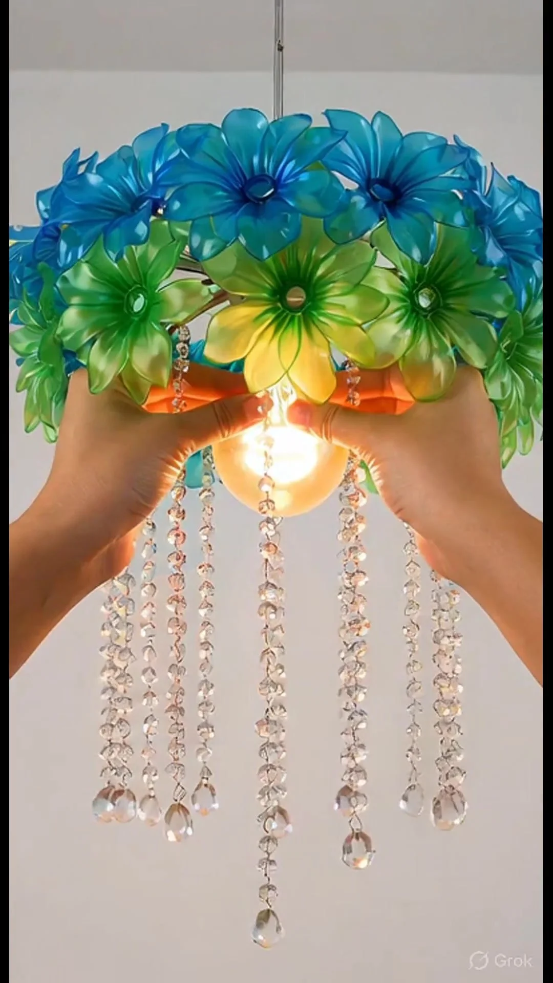 Lámpara de araña hecha con flores y botellas de plástico, DIY.