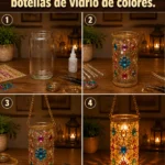 Lámpara elaborada con botellas de vidrio de colores.