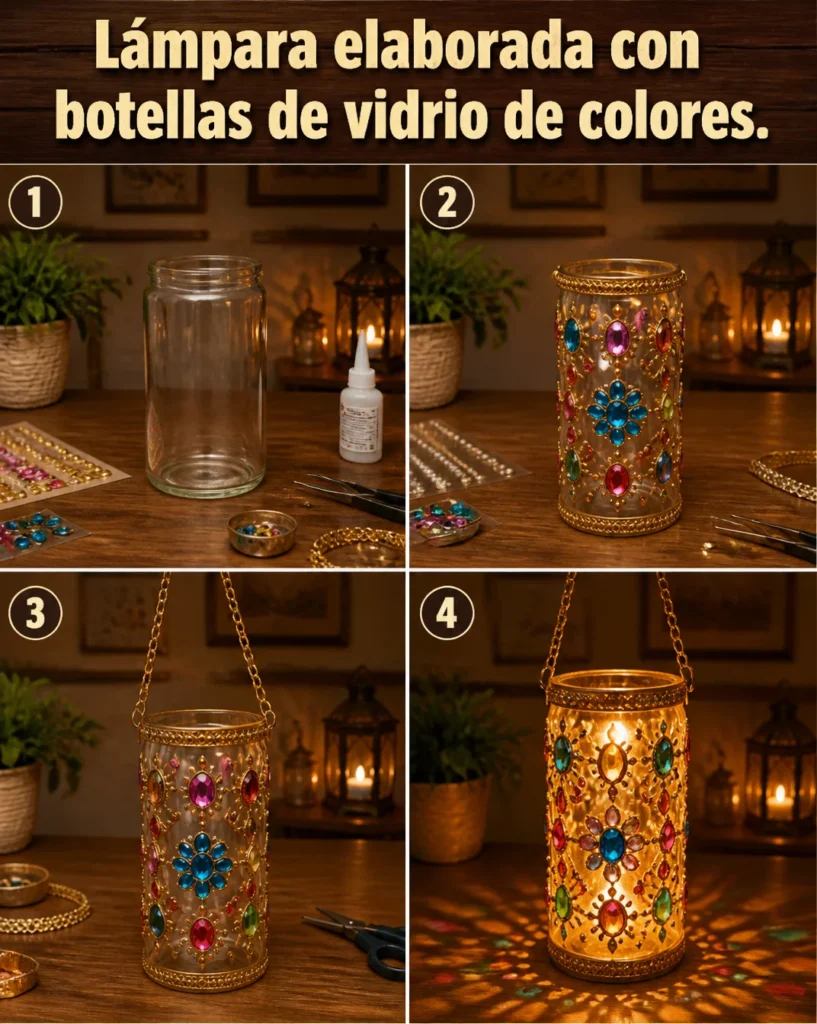 Lámpara hecha de botellas de vidrio de colores iluminando un ambiente acogedor.