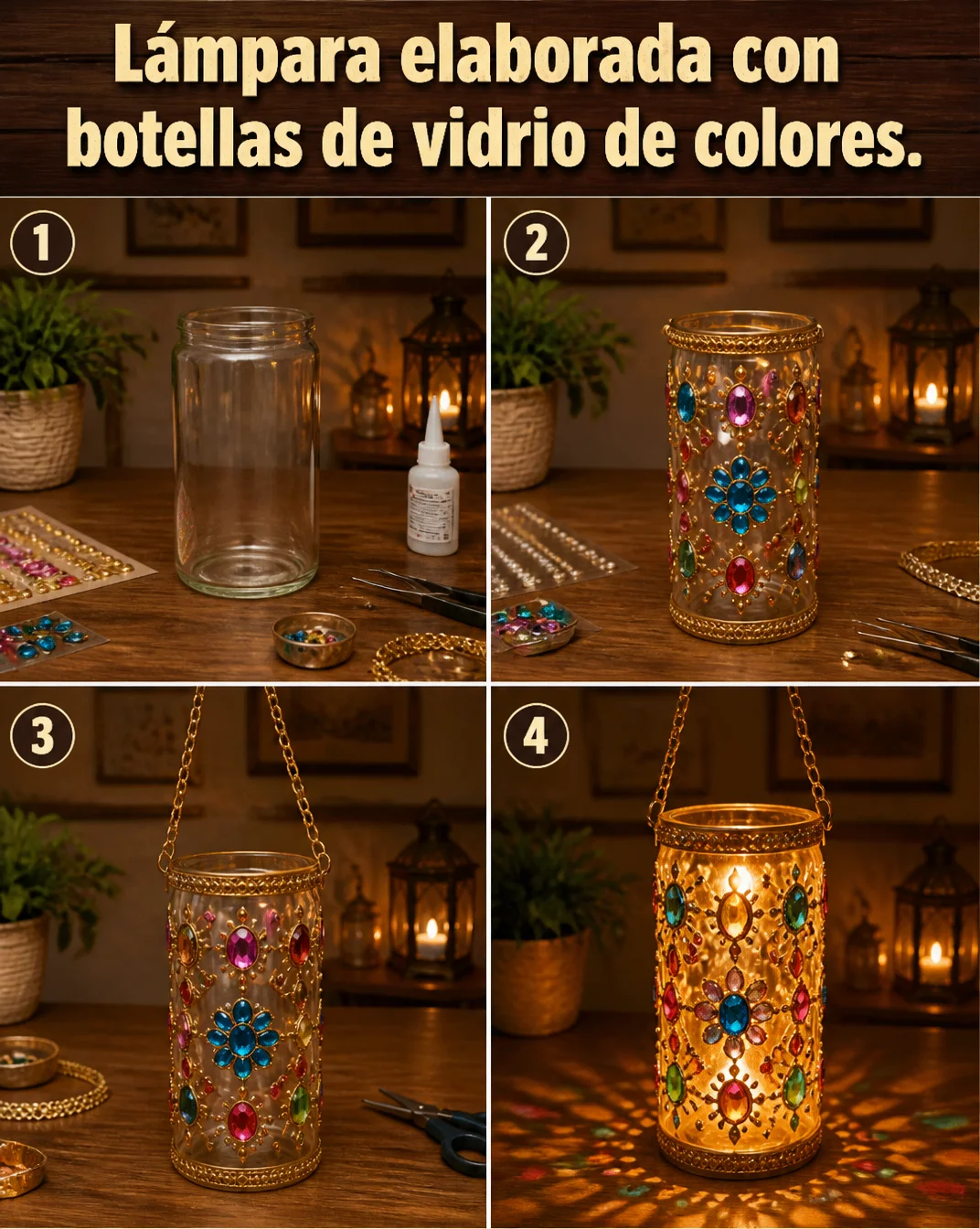 Lámpara elaborada con botellas de vidrio de colores.