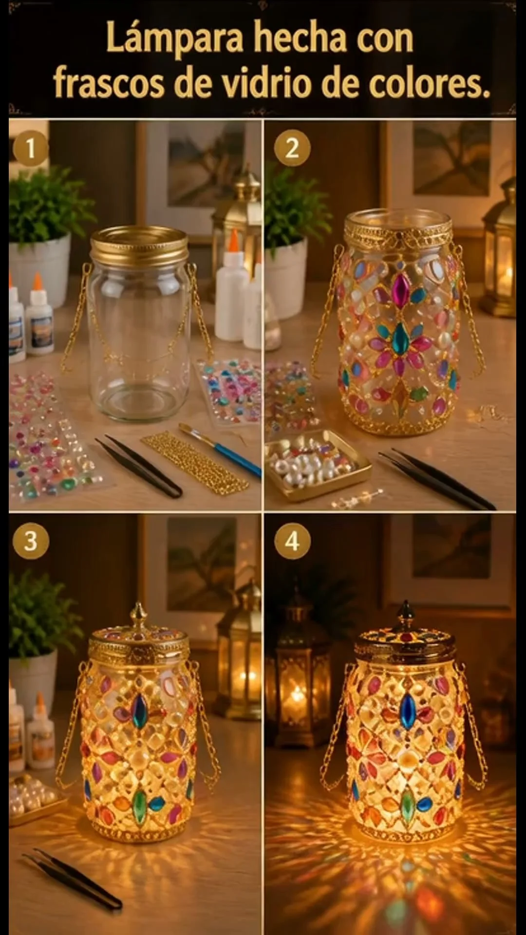 Lámpara elaborada con botellas de vidrio de colores.