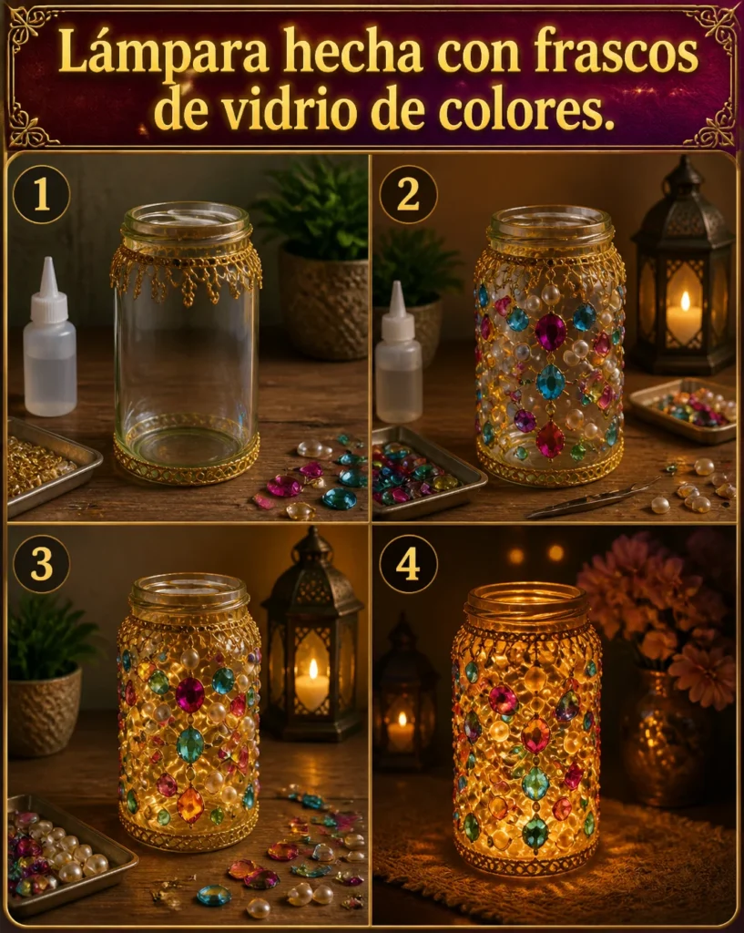 Lámpara colorida hecha con frascos de vidrio reciclados.