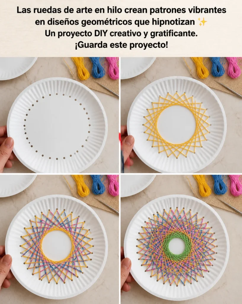 Ruedas de arte en hilo creando patrones geométricos vibrantes y hipnotizantes.