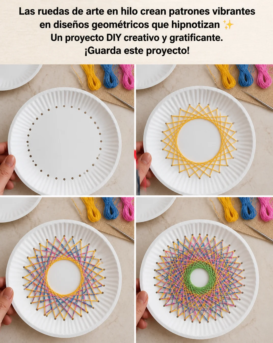 Las ruedas de arte en hilo crean patrones vibrantes en diseños geométricos que hipnotizan ✨ Un proyecto DIY creativo y gratificante. ¡Guarda este proyecto!