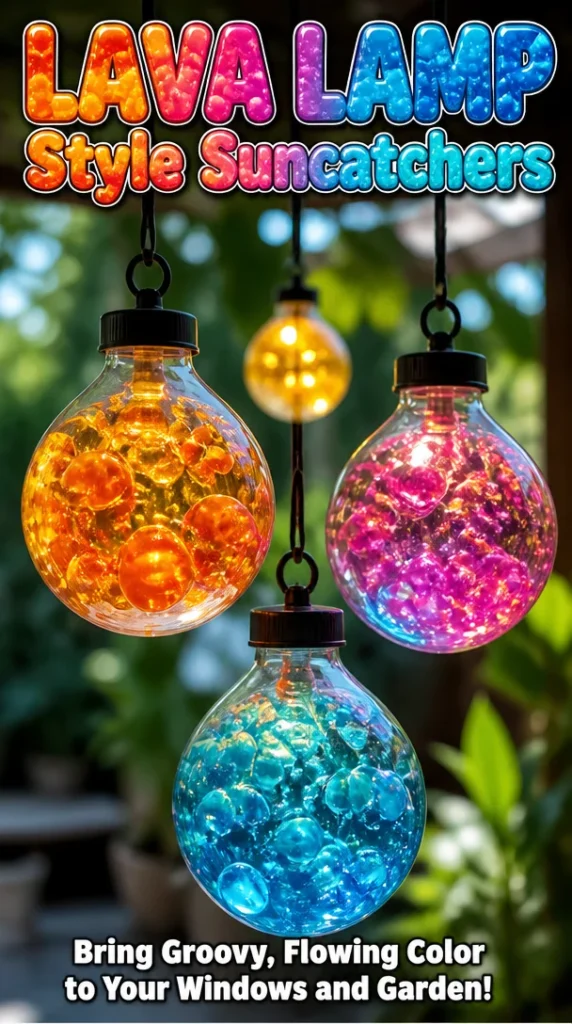 Lava lamp style suncatchers creating colorful reflections in sunlight.