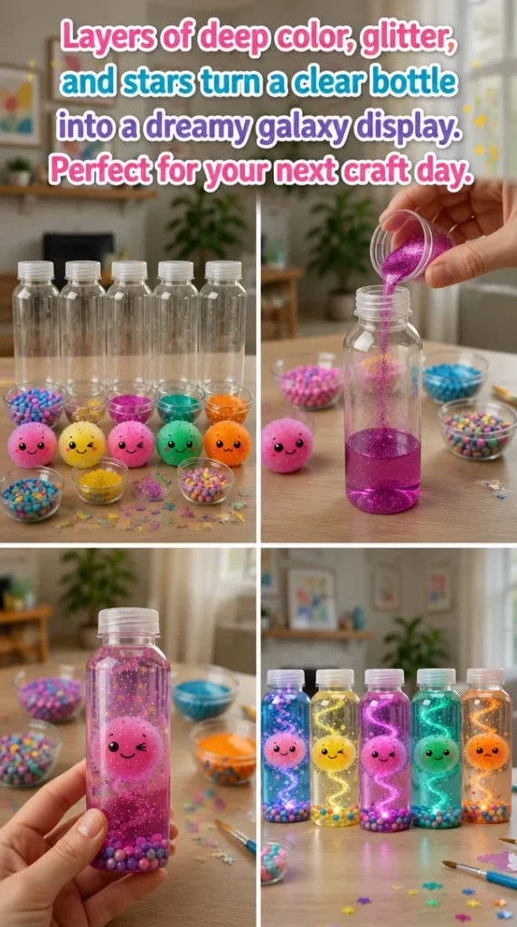 Crafted clear bottle featuring a galaxy display of vibrant colors and glittering stars.