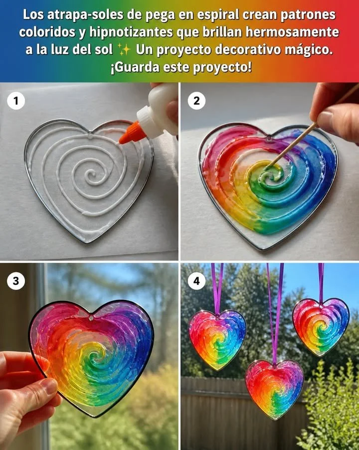 Los atrapa-soles de pega en espiral generan diseños coloridos y fascinantes que resplandecen maravillosamente al sol ✨ Un proyecto decorativo encantador. ¡No te olvides de guardar este proyecto!