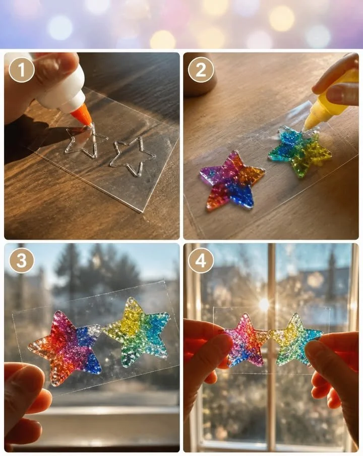 Los suncatchers de vidrio de colores elaborados con pegamento brillan de manera hermosa con vibrantes colores translúcidos bajo la luz del sol ✨ Un arte mágico para ventanas DIY. ¡Guarda este proyecto!