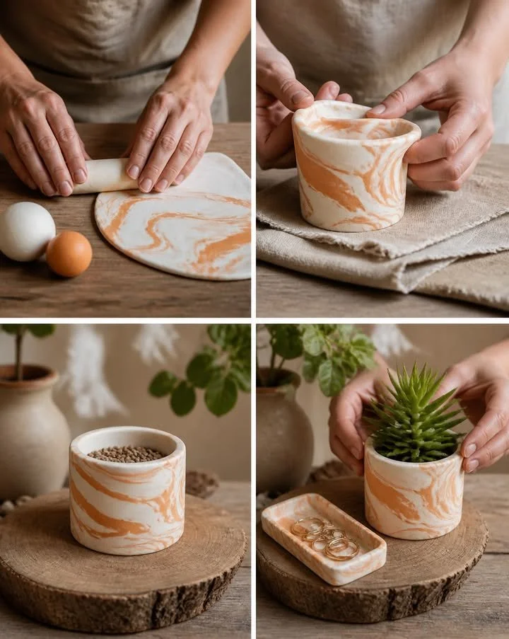 Macetas de arcilla seca al aire veteadas que giran colores hermosos en encantadores maceteros hechos a mano con un acabado artístico único. Un bricolaje creativo en familia. ¡Guarda este proyecto! #