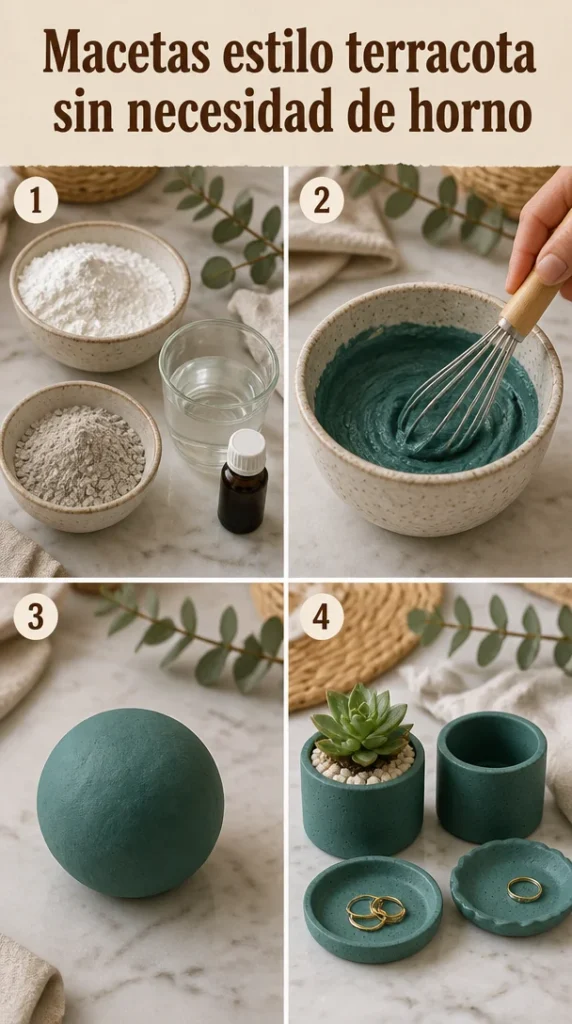 Macetas estilo terracota hechas sin horno, decorativas y prácticas.