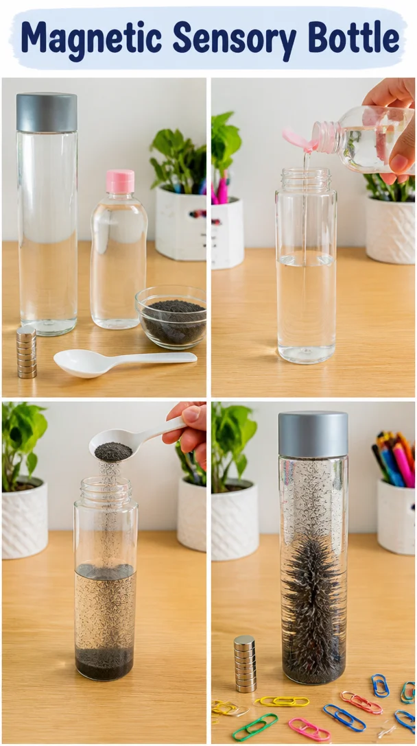 Magnetic sensory bottle with colorful magnetic particles swirling in liquid
