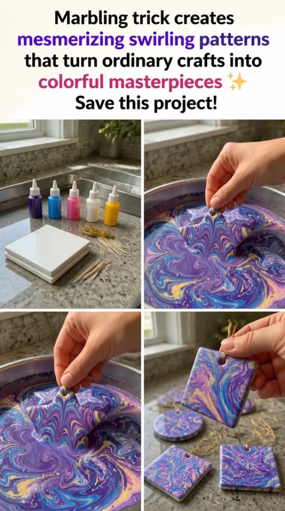 Colorful marbled patterns created using the marbling trick on craft materials.