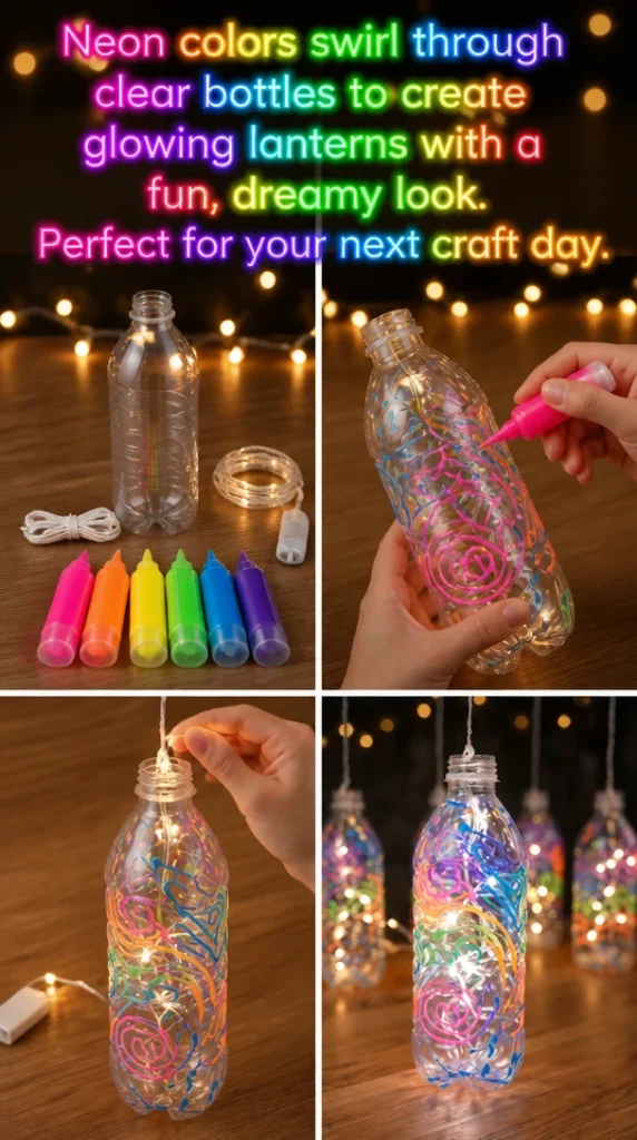 Colorful glowing lanterns made with neon colors in clear bottles.