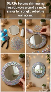 Old CDs become shimmering mosaic pieces around a simple mirror&hellip;