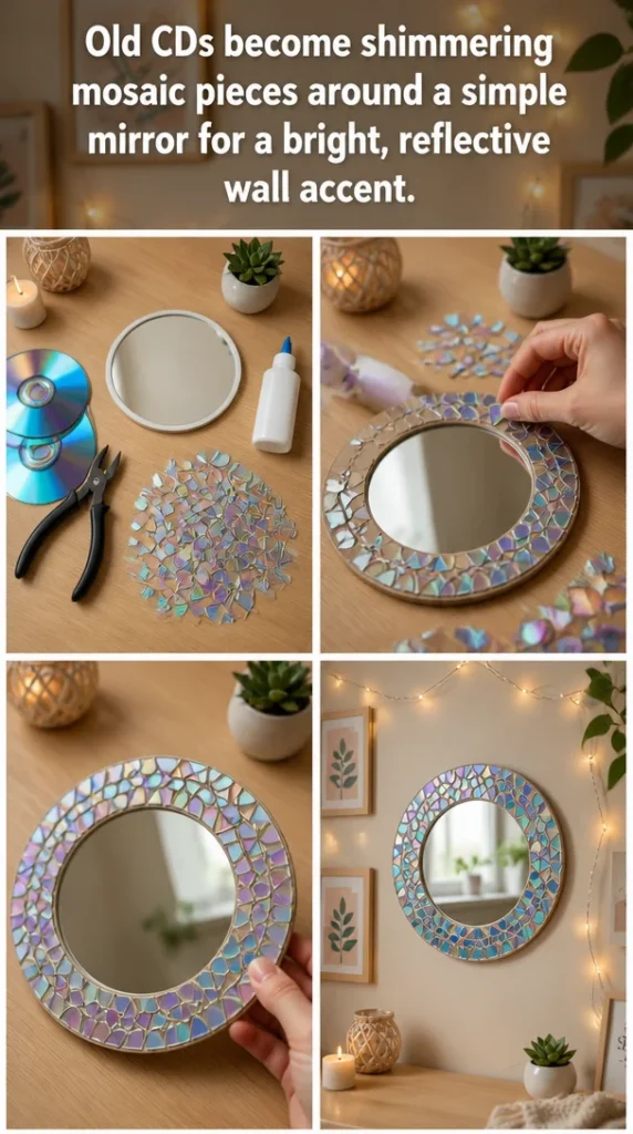 Colorful mosaic pieces made from old CDs surrounding a simple mirror