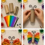 Paper rolls transform into colorful rainbow butterflies with bright wings&hellip;