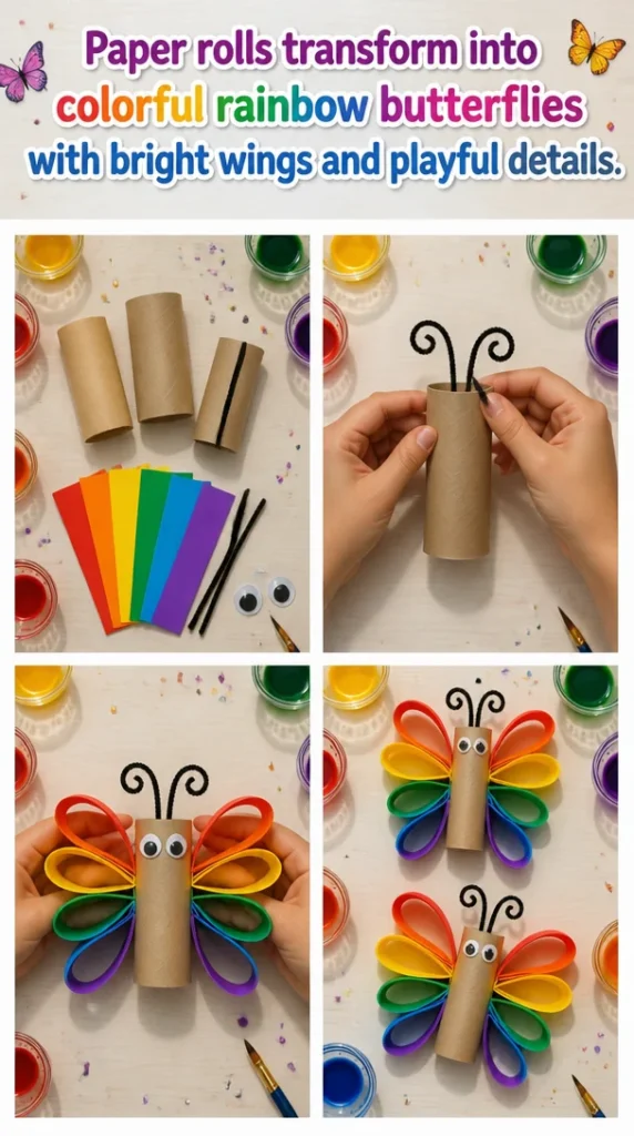 Colorful rainbow butterflies made from paper rolls with bright wings and playful details.