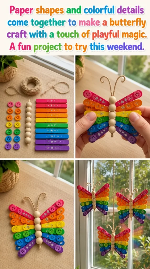 Colorful butterfly craft made from paper shapes, perfect for a weekend project.