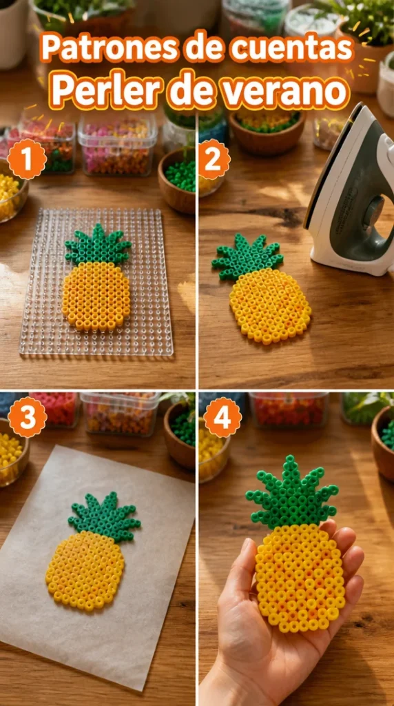 Ejemplo de patrones de cuentas Perler de verano en diferentes colores y formas.