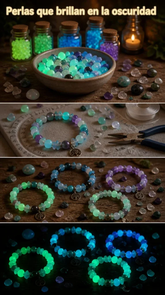 Perlas que brillan en la oscuridad en un fondo oscuro