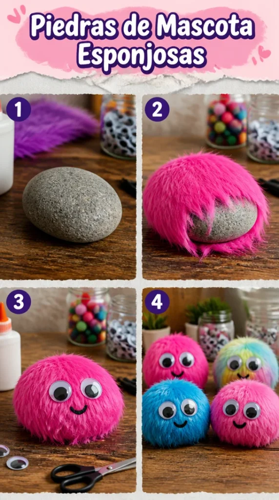 Piedras decorativas de mascota esponjosa en un entorno acogedor.