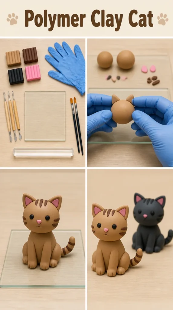 Colorful polymer clay cat figurine handmade for decoration or gifts
