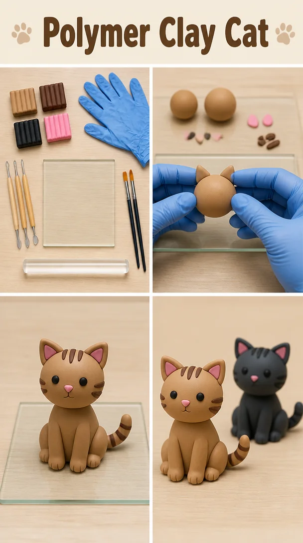 Colorful polymer clay cat figurine handmade for decoration or gifts
