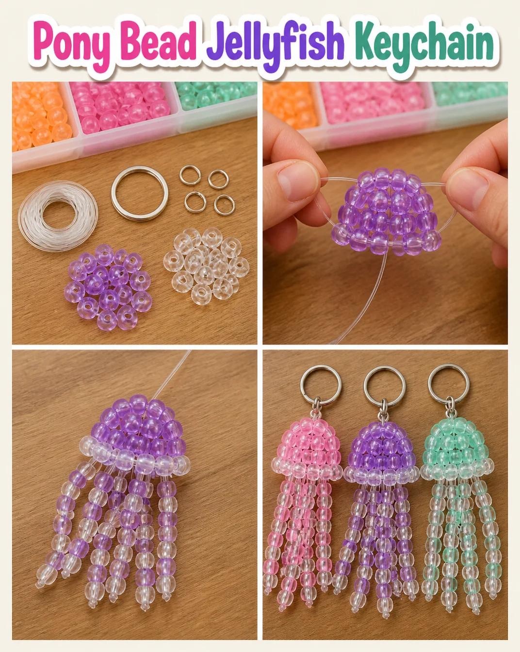 Colorful Pony Bead Jellyfish Keychain made from vibrant pony beads