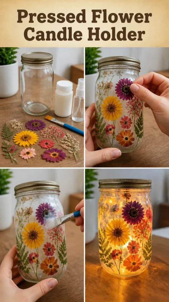 Pressed flower candle holder displaying floral designs and a serene glow