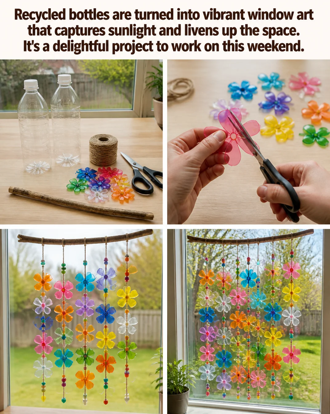Vibrant window art made from recycled bottles capturing sunlight.