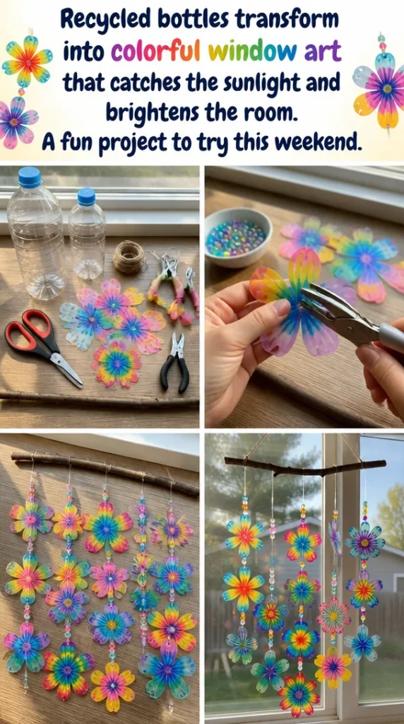 Colorful window art made from recycled bottles catching sunlight