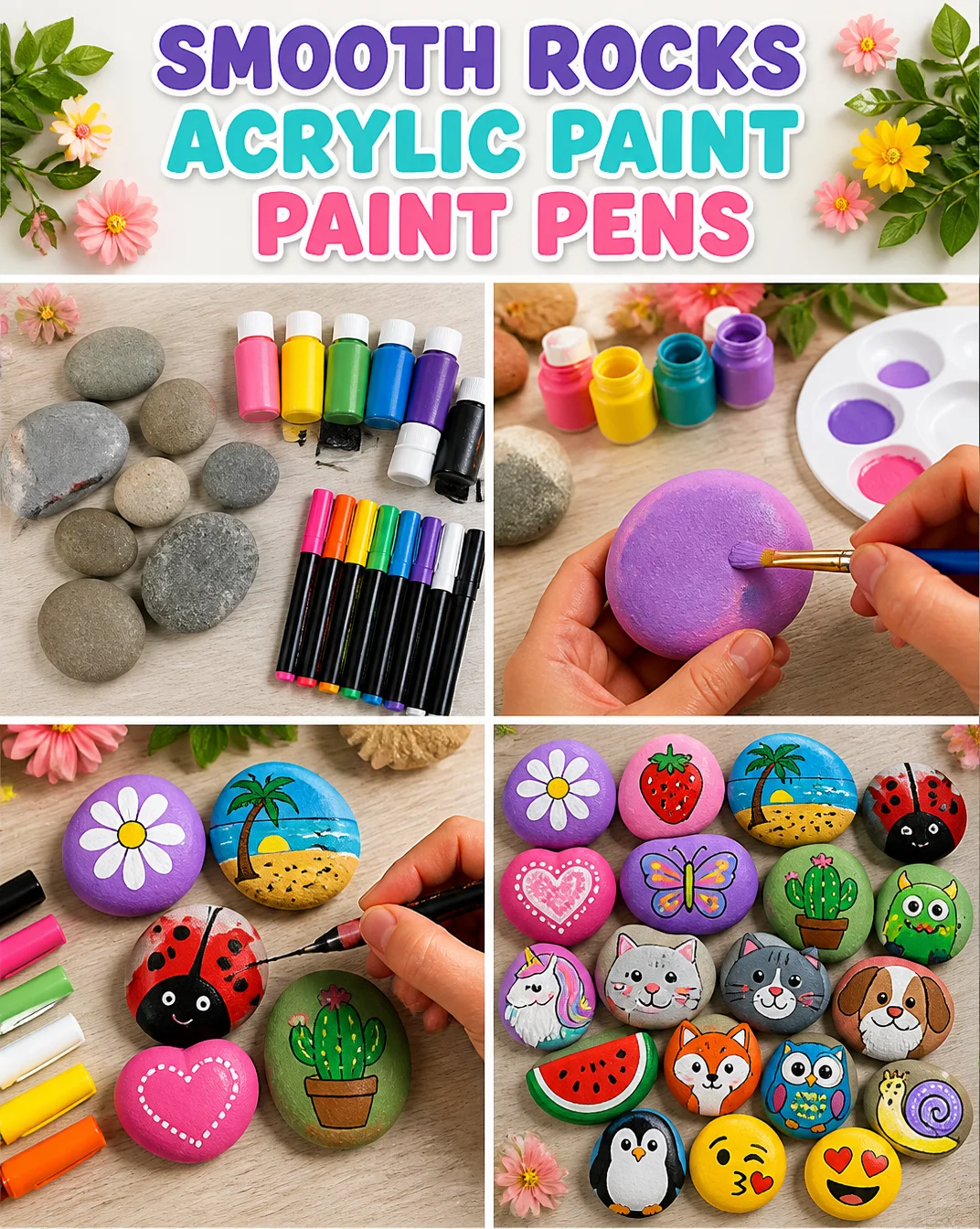 Decorated smooth rocks using acrylic paint and paint pens.