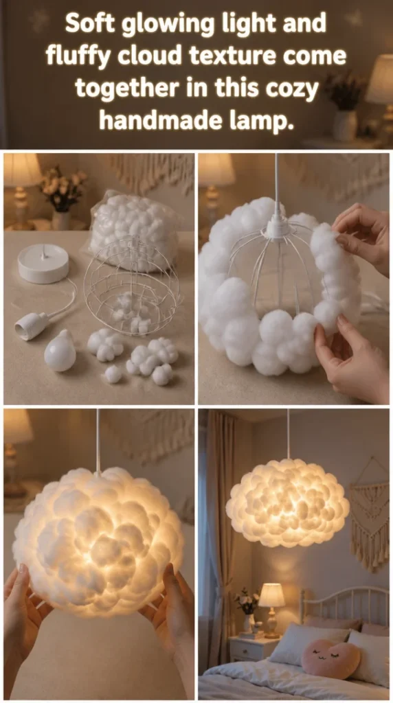 Cozy handmade lamp with soft glowing light and fluffy cloud texture
