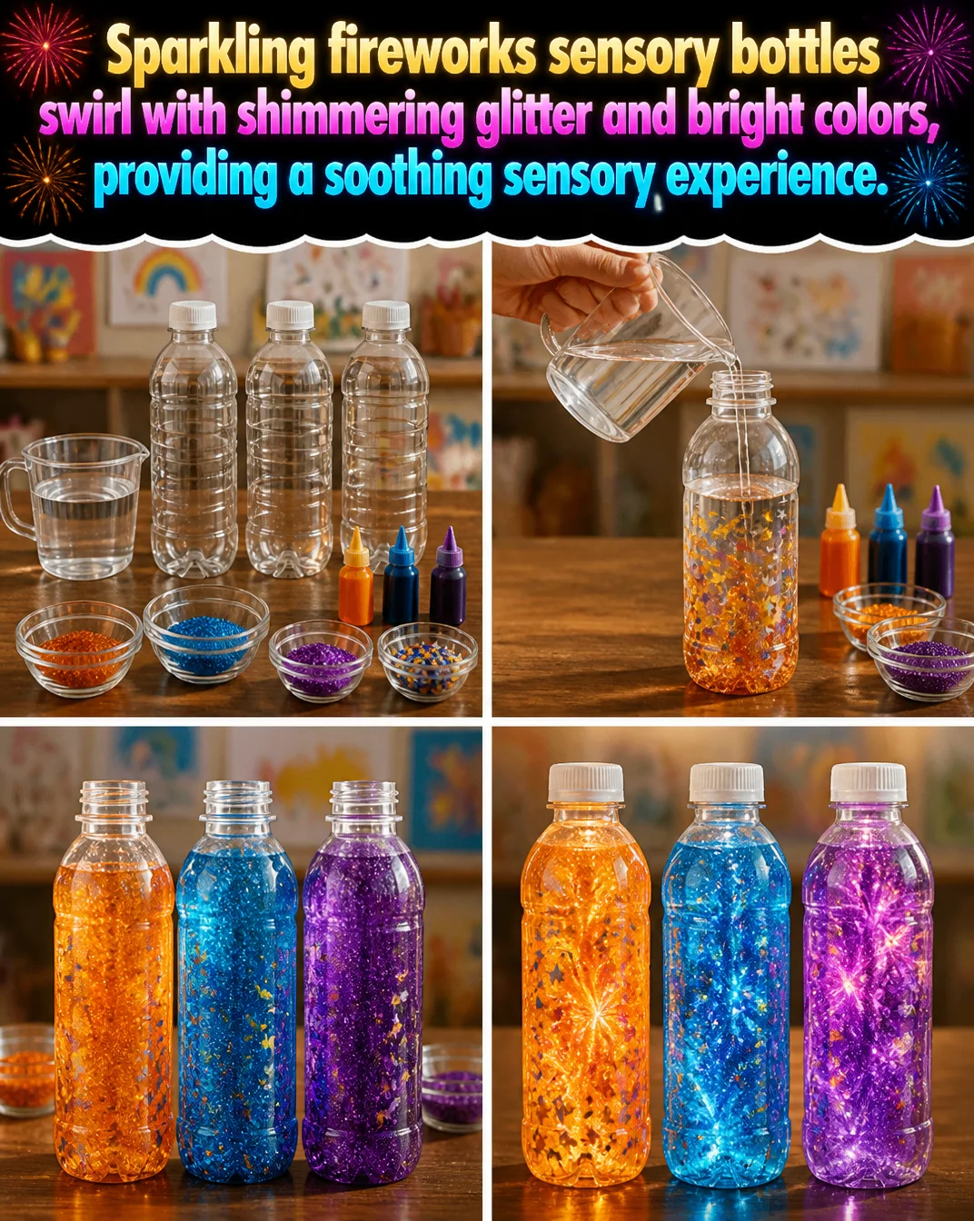 Sparkling fireworks sensory bottle with glitter and bright colors for soothing relaxation.
