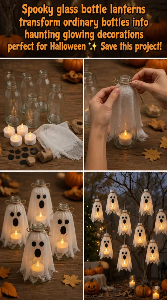 Spooky glass bottle lanterns glowing with a haunting light for Halloween decorations.