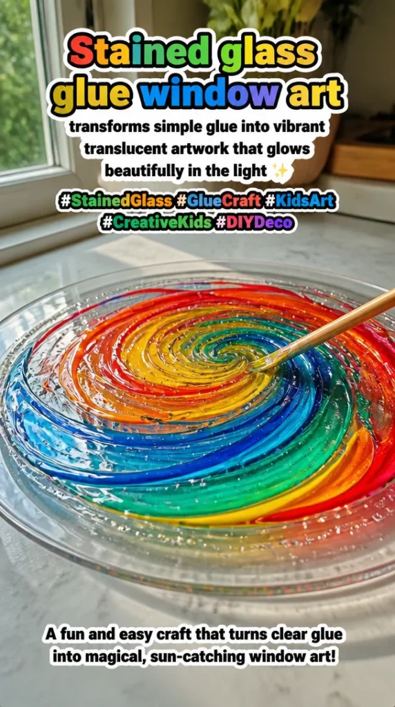 Colorful stained glass window art made with glue, glowing beautifully in light.