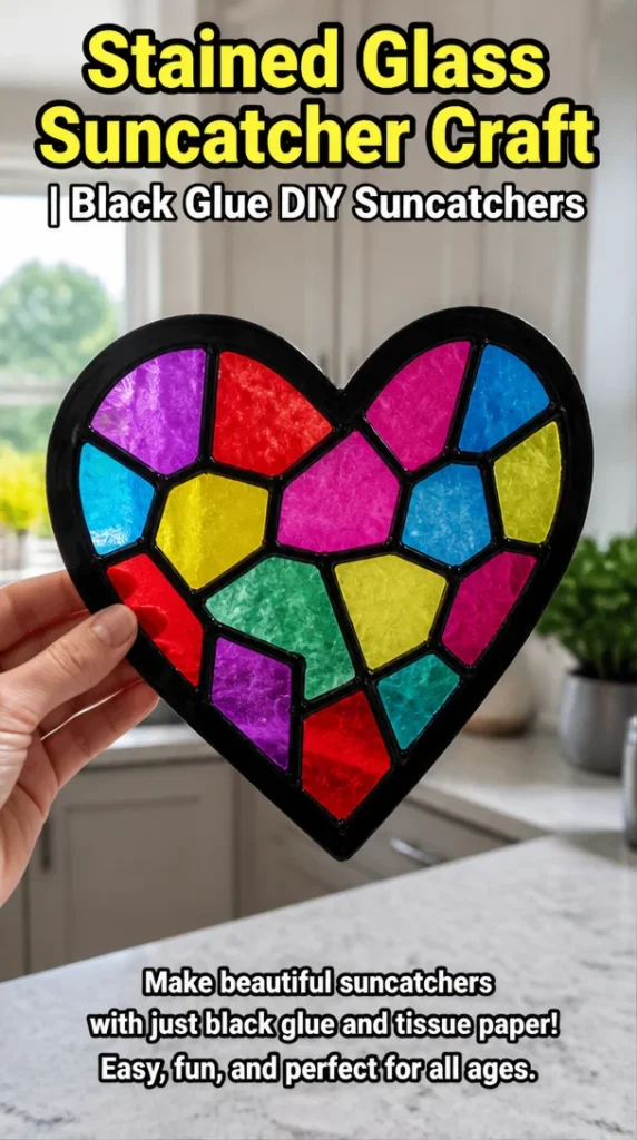 DIY stained glass suncatcher with black glue for a colorful window decoration