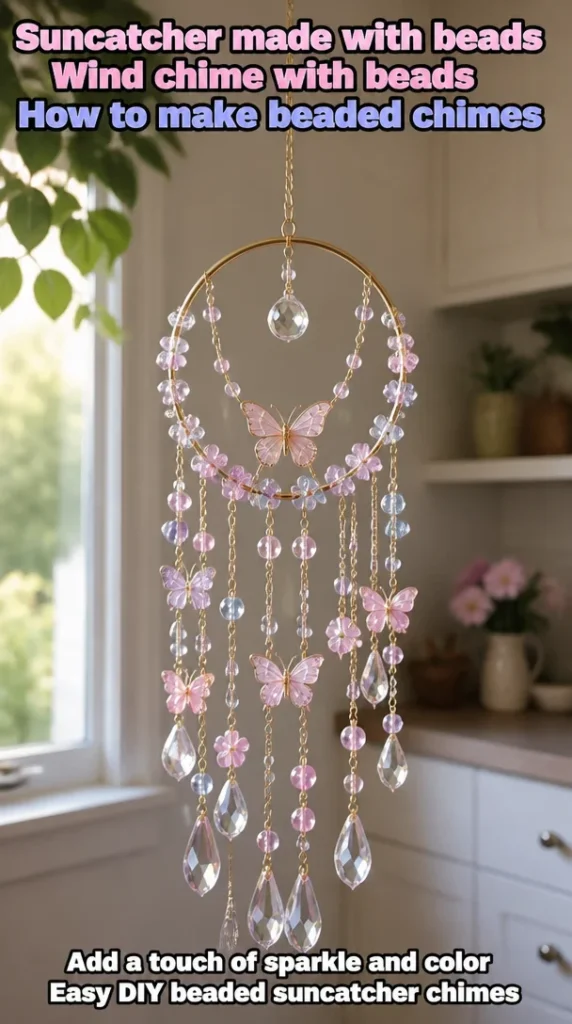 Handmade beaded chimes and suncatchers catching sunlight
