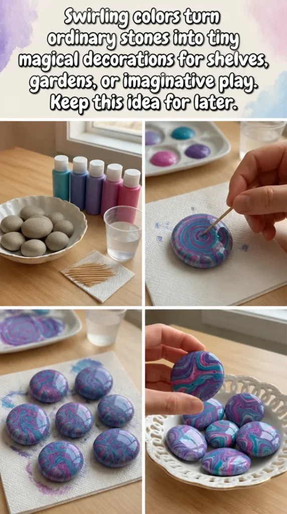 Colorful stones crafted into magical decorations for shelves and gardens