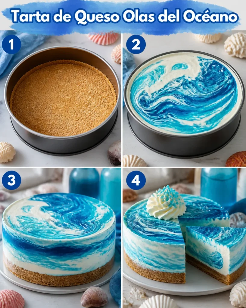 Tarta de queso Olas del Océano, un postre cremoso y elegante con un toque marino.