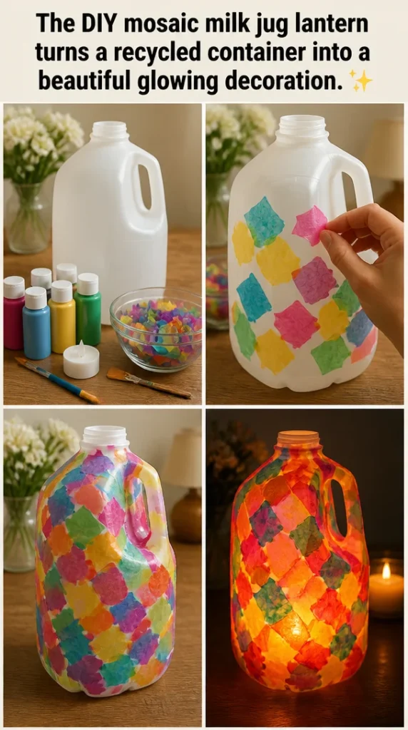 DIY mosaic lantern made from a recycled milk jug, glowing beautifully at night.