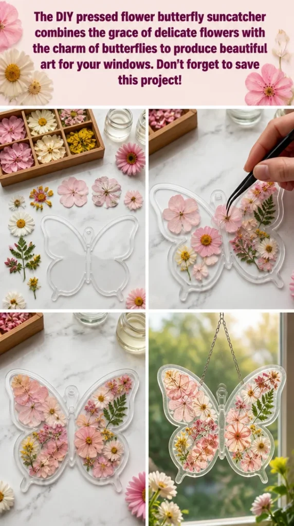 DIY pressed flower butterfly suncatcher art for window decoration